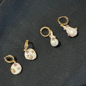 Gold and Pearl Drop Earrings with Pink Accents